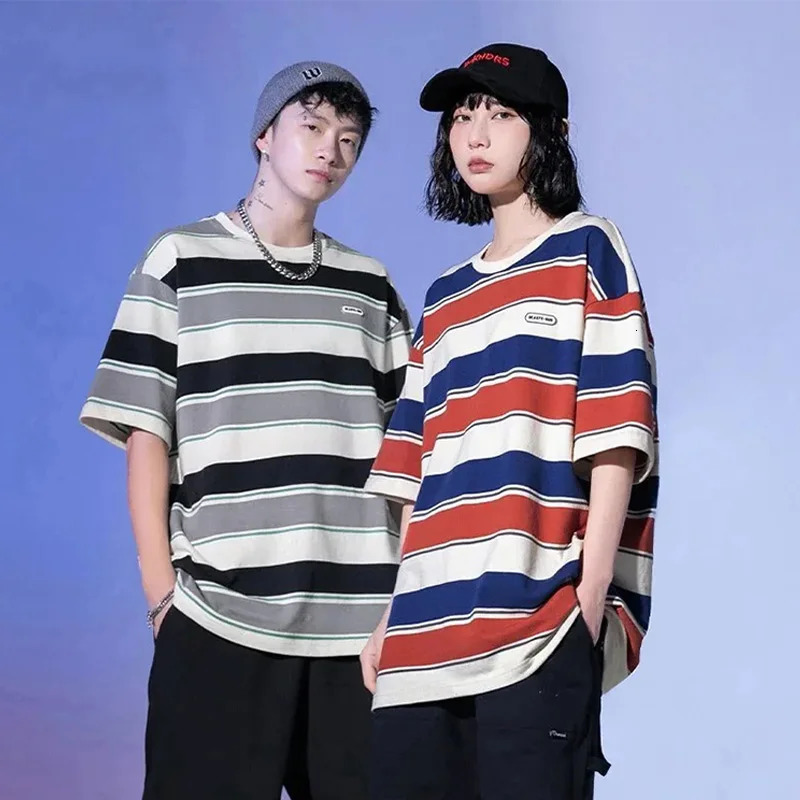 loose contrasting color short sleeved main stripe Tshirt for couples summer retro Harajuku oversized top 250326