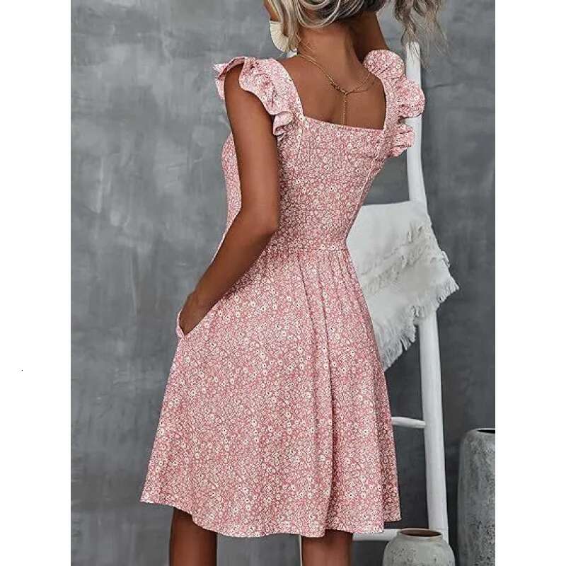 Dongdumaoyi Jurk Met Bloemenprint Vierkante Hals En Opgestikte Zakken Elegante Jurk Ruchemouwen Taille Ruches Voor Lente Zomer WD