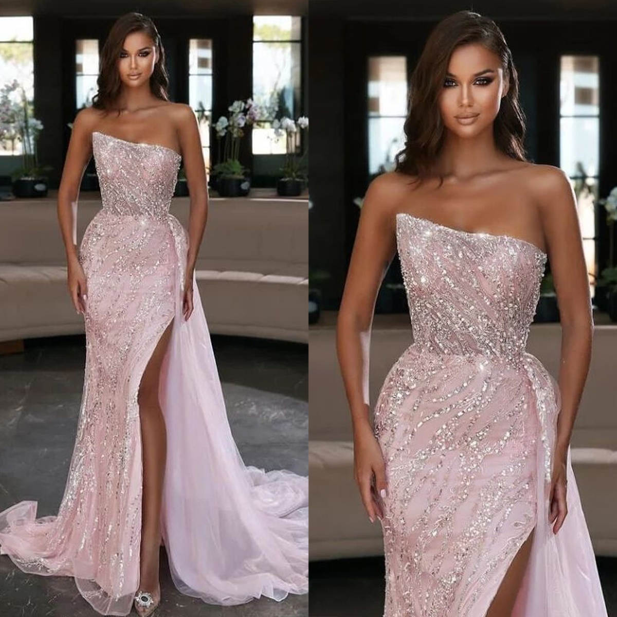 Pink Elegant Mermaid Evening Dresses With Appliques Lace Sleeveless Side High Split Bride Prom Party Plus Size For Special Occasion Vestido De Noiva C