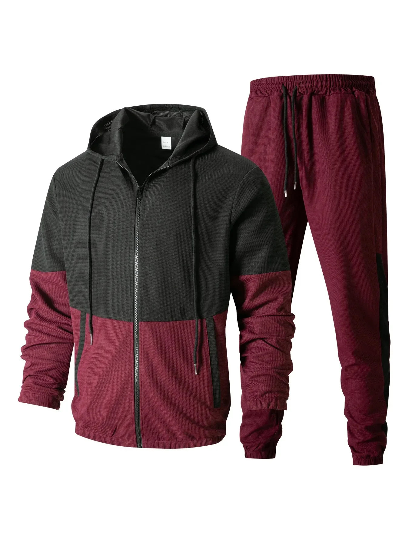 Spring and Autumn Mens Hooded Waffle Color Matching Jacket Double Pocket Long Sleeve Casual Sports Pants Set 250327