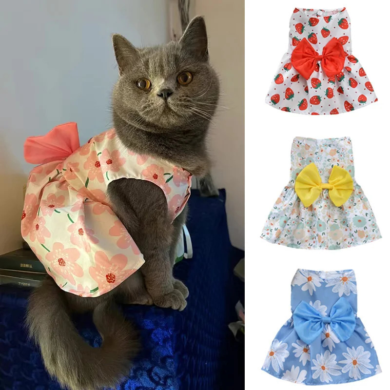 Fashion Cat Puppy Dresses with Bow for Small Dogs Cats Sphynx Chihuahua Fruit Flower Print Pet Clothes ropa para gatos sukienki 250326