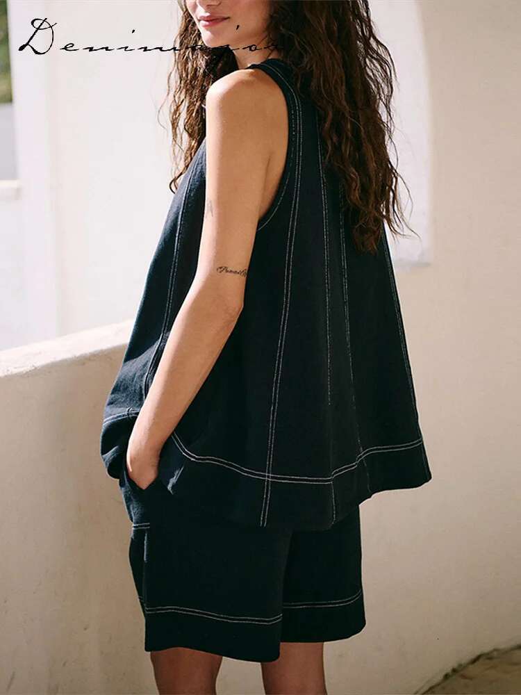 Loose Striped Shorts Set Women Casual Sleeveless O-Neck Vest Wide Leg Elastic Waist Short Pants 2025 Summer Chic Beach Lady Sets