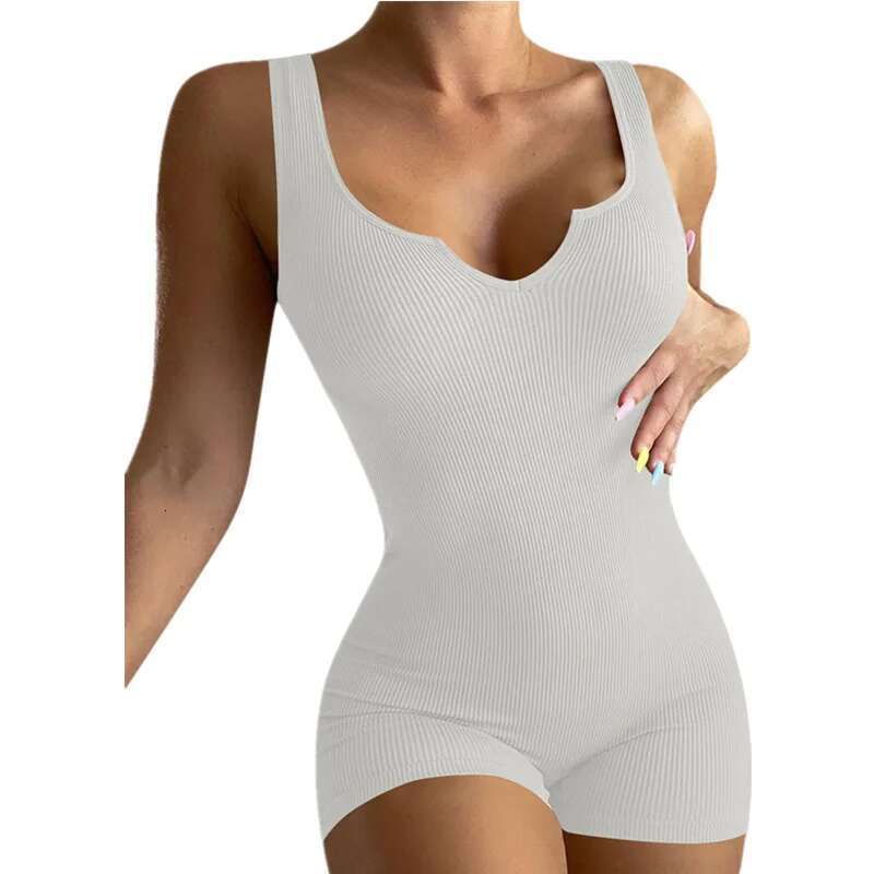 Dongdumaoyi Dames Nieuwe Lente Zomer Effen Kleur Geribbelde Kleine V Hals Slim Fit Casual Jumpsuit