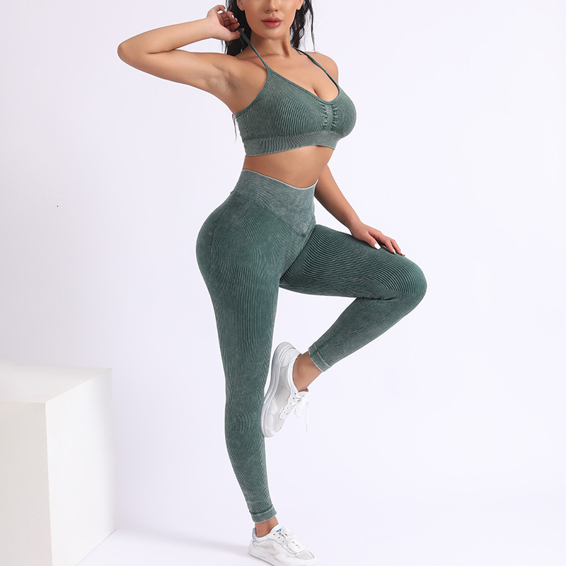 Seamless Yoga Suit With Zipper, Shoulder Straps, Bra Vest, Threaded High Waist, Washed Long And Short Split Set