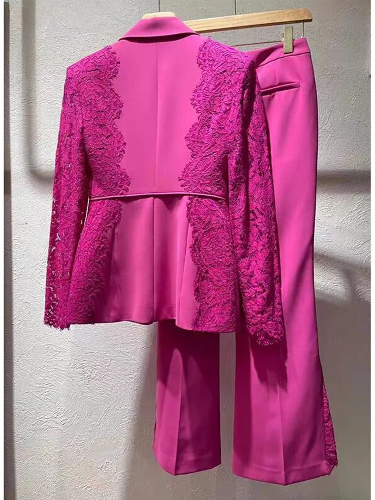 HIGH STREET Latest Runway ner Set Womens Lace Patch Work Order Button Jacket Flame Pants 2piece 250326
