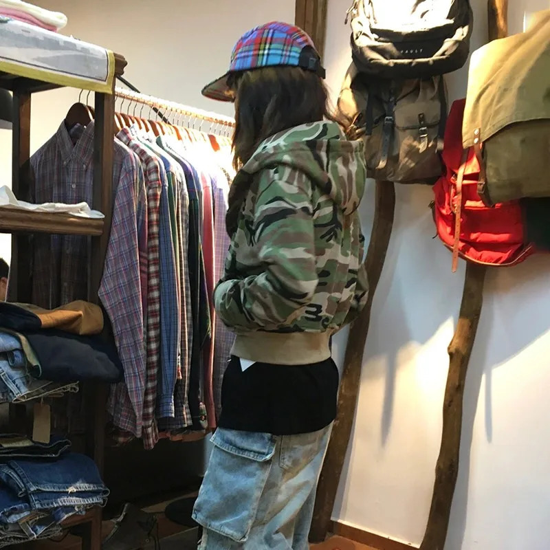 Karrram Japanese Y2k cut jacket retro Harajuku short jacket 2000s Korean fashion camouflage zipper hooded sweatshirt Grunge 250322