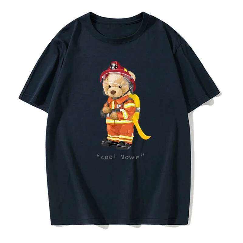 Firefighter Teddy Bear Cool Letter Pattern T shirt Creative Neutral Street Clothing Summer Men s Fashion