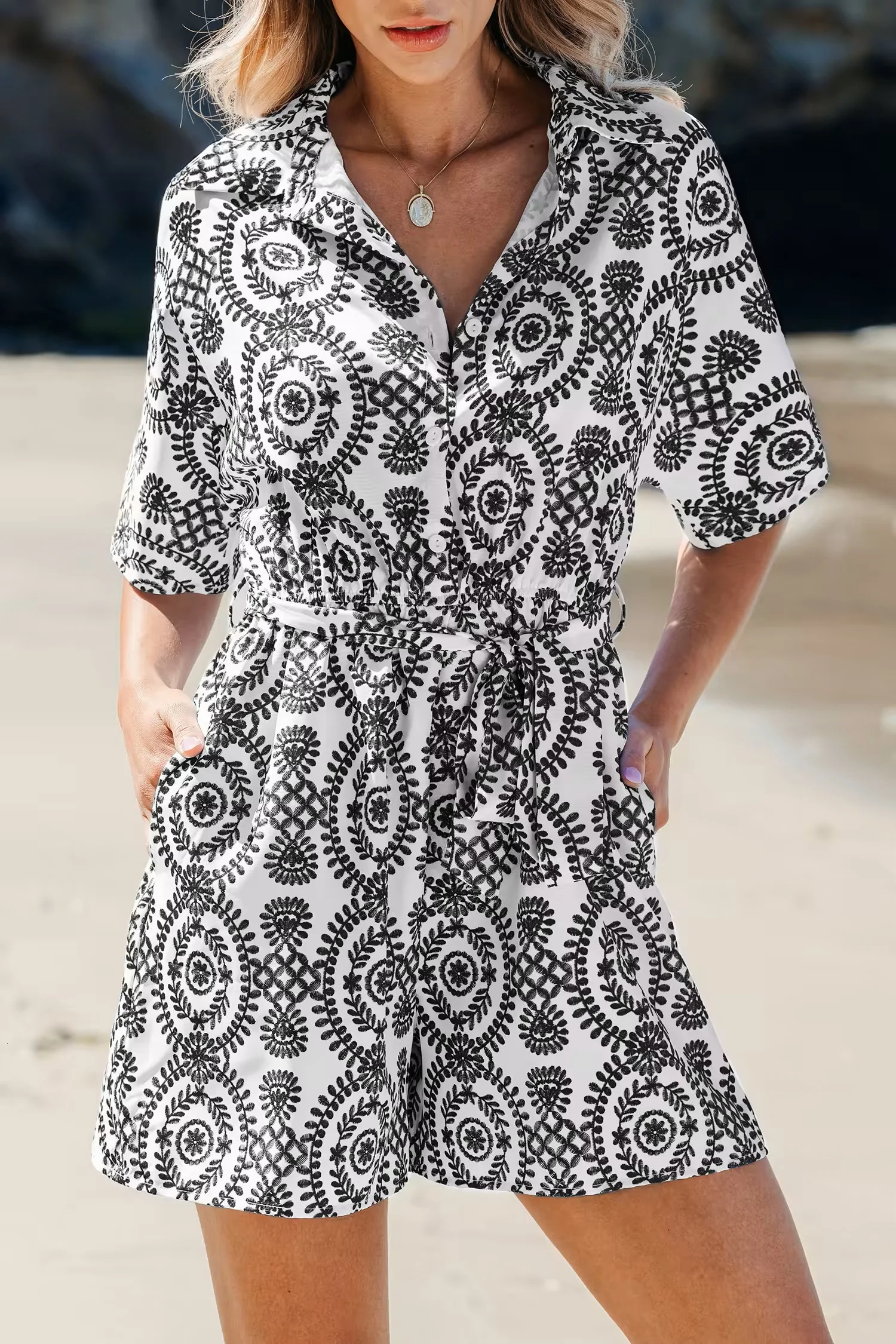 Printed button style short sleeved jumpsuit stylish and comfortable suitable for daily wear casual occasions all 250326