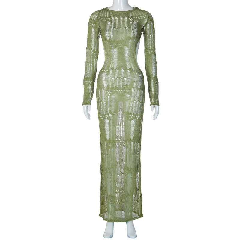 Dongdumaoyi Lente Nieuwe Sexy Backless Uitgeholde Pure Lange Mouwen Slim Fit Elegante Damesjurk