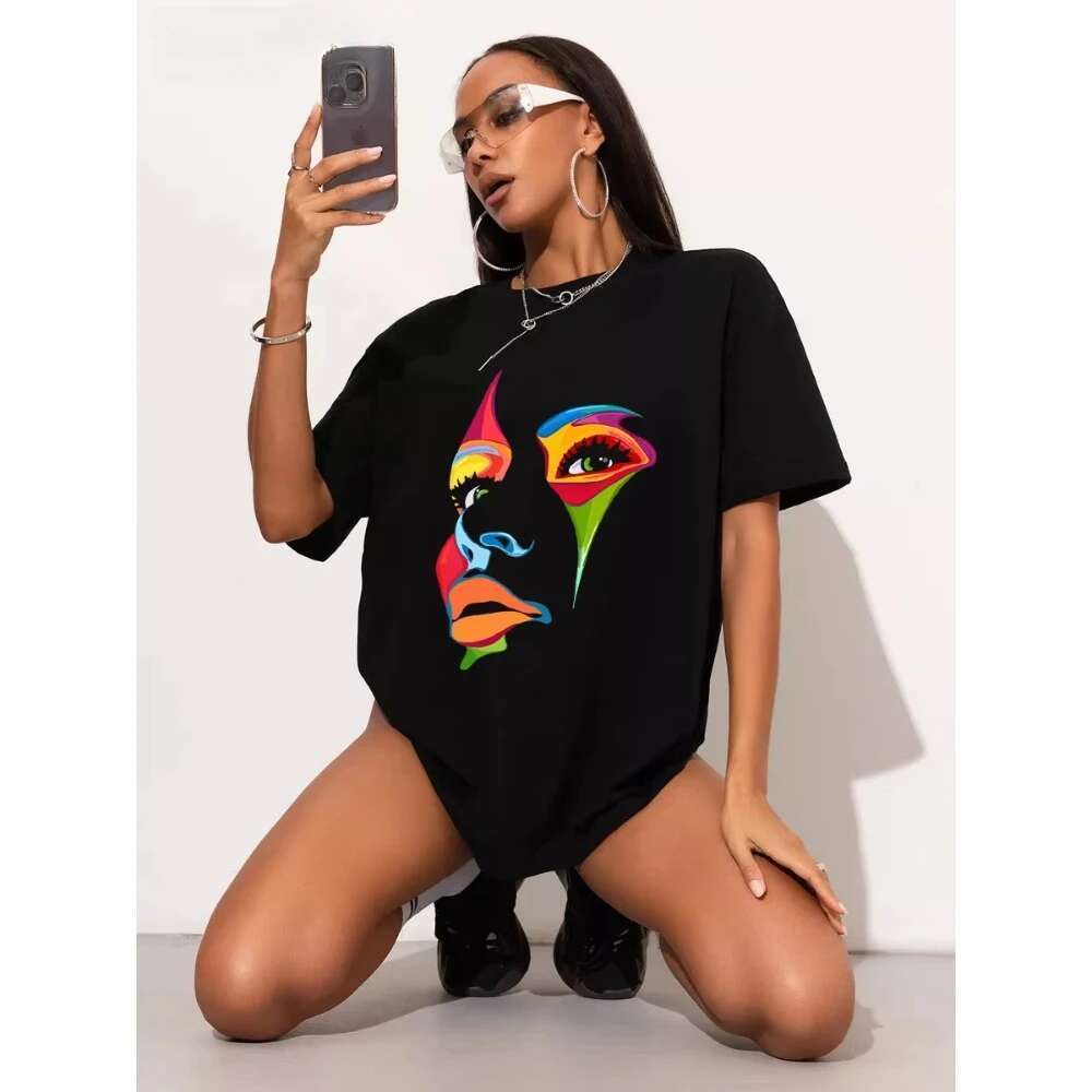 Latest color facial print cotton T-shirt for women's summer loose plus size short sleeved T-shirt for women's high street Gothic top
