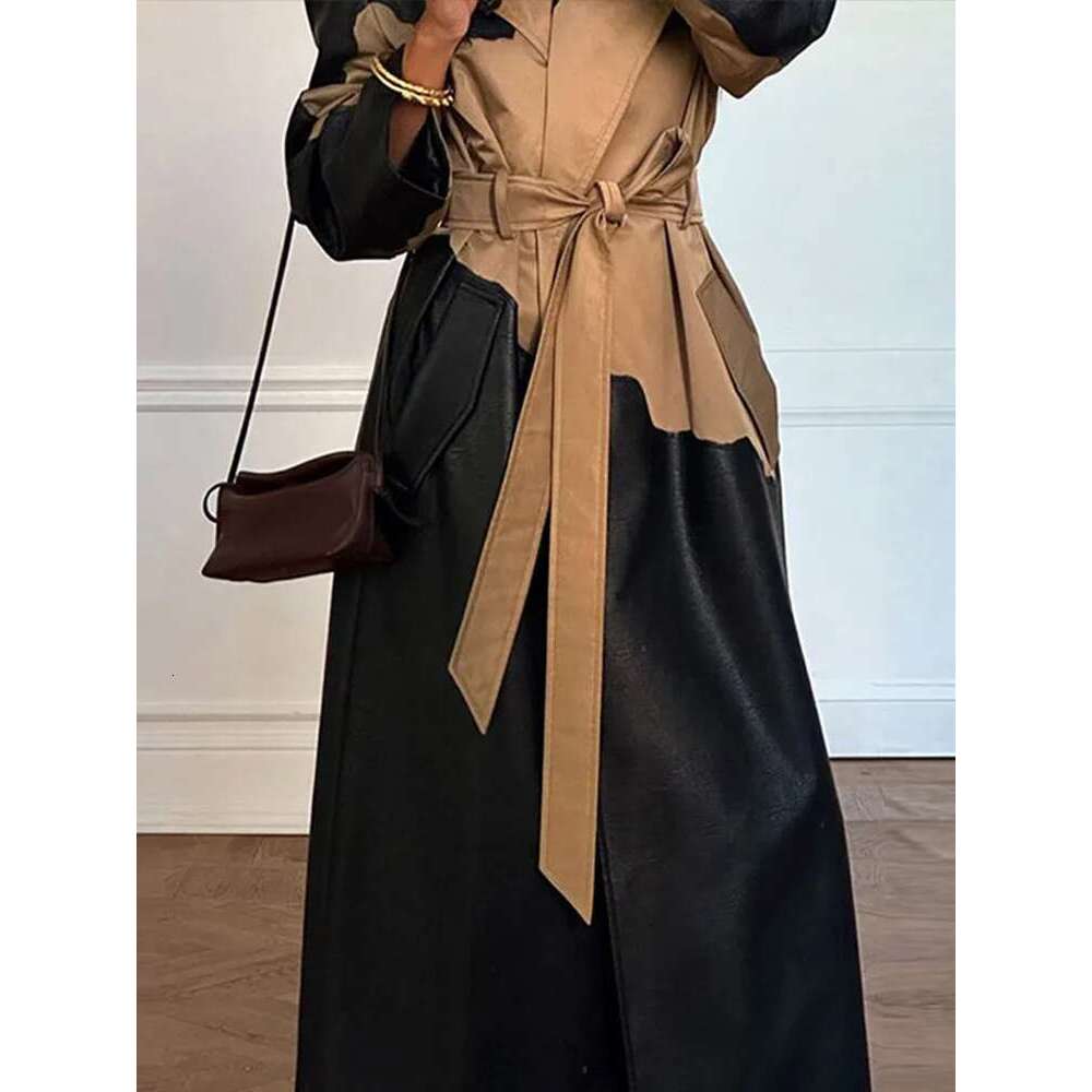 Women's Coat Elegant Contrast Leather Trench Coat Women Lapel Single Breasted Split Female Overcoat With Belt Autumn Winter Lady Outwear