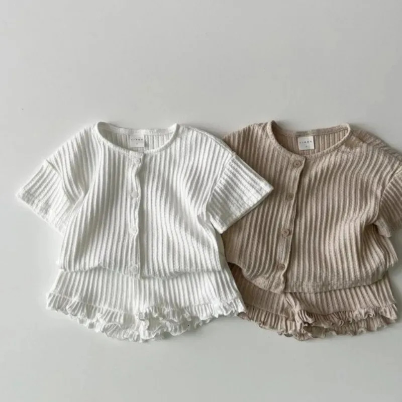 INS Korean Style Summer Thin Solid Color Girls Short Sleeve Ruffle Shirt Shorts Set for Toddler Baby Casual Two-Piece Outfits 250326