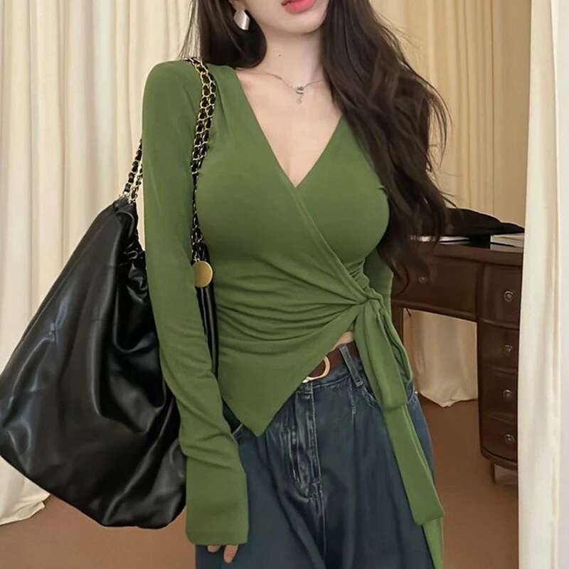 Ddmyshoesvip Women V Neck Long Sleeved T Shirew Korean Fashion Lacing Waist Sexy Spicy Girls Slim Fit Short Top Early Spring