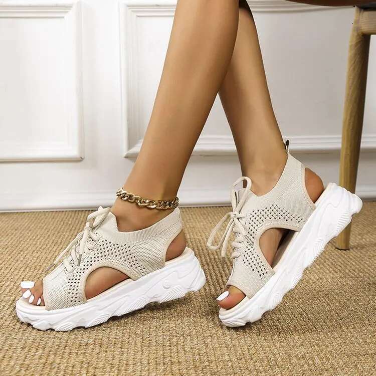 Womens Comfortable Knitted Platform Sandals Peep Toe Lace-Up Design - Versatile Casual Sgback Shoes for Sporty Style