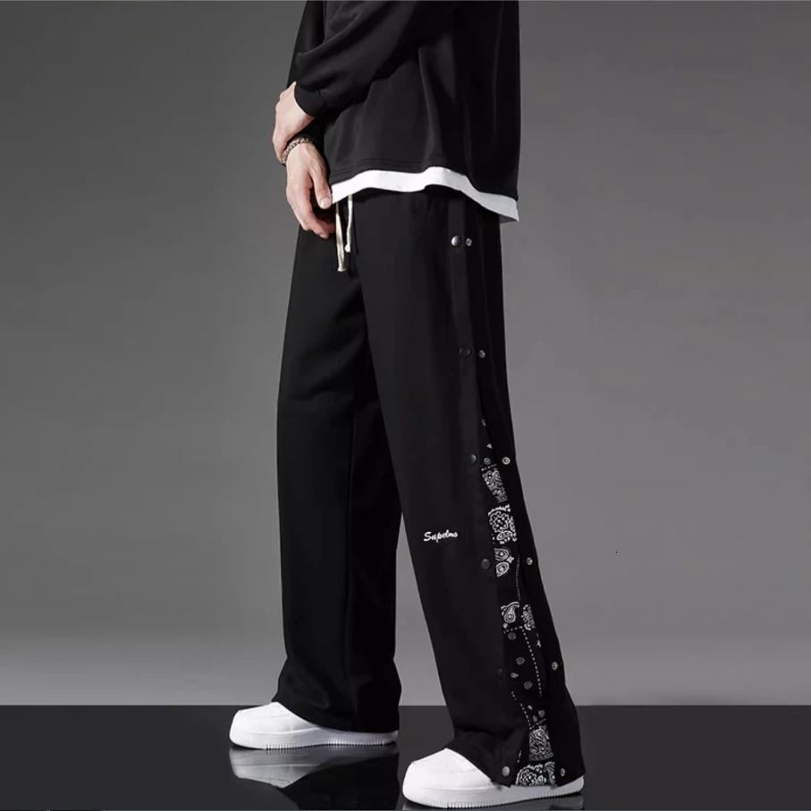 Boys fashion straight trend handbag street hiphop wide leg open collar flower casual sports pants 250327