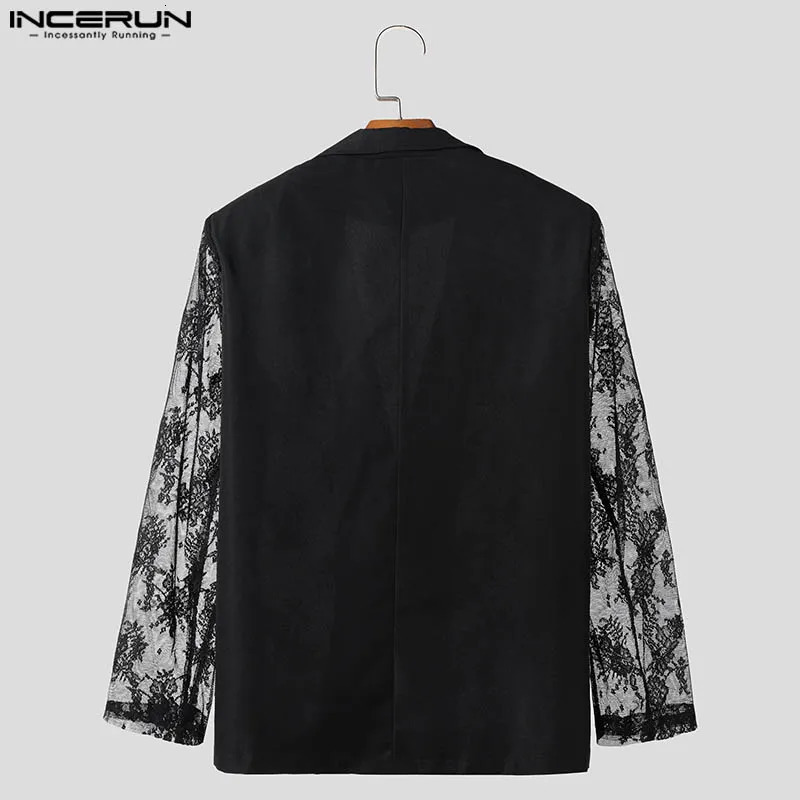 INCERUN Mens Jacket Lace Patch Work Transparent Collar Long Sleeve Casual Street Clothing Fashion Party Thin Coat S5XL 250326
