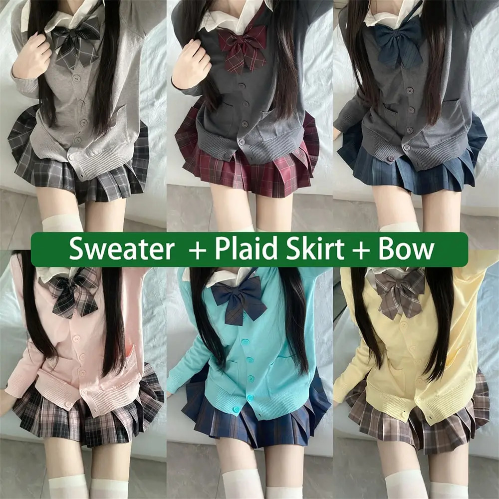 3Pc set Japanese Korean school uniform multicolor sweater and flat pleated dress Jk with bow graduate female 250326