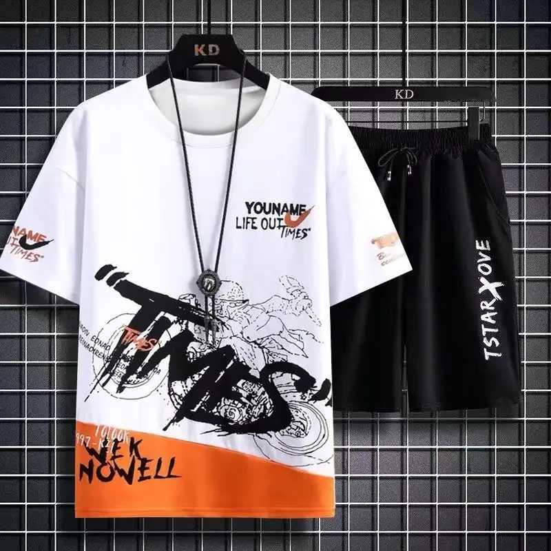 Mens set 2024 summer fashion quick drying T-shirt casual ice silk shorts set mens sports two-piece set basketball setXJ250326