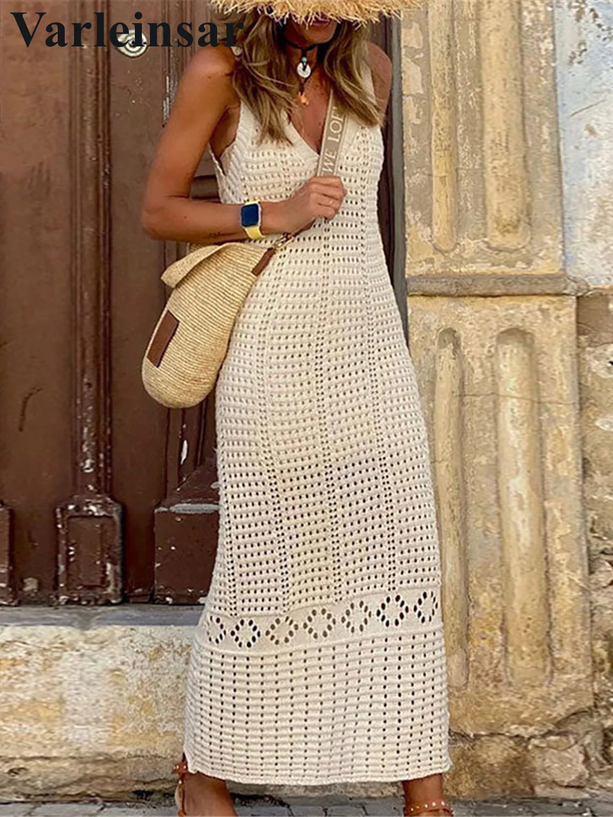 SXL 2025 Vneck hollow crochet knitted plain beach hat dress wear womens V5699 250326