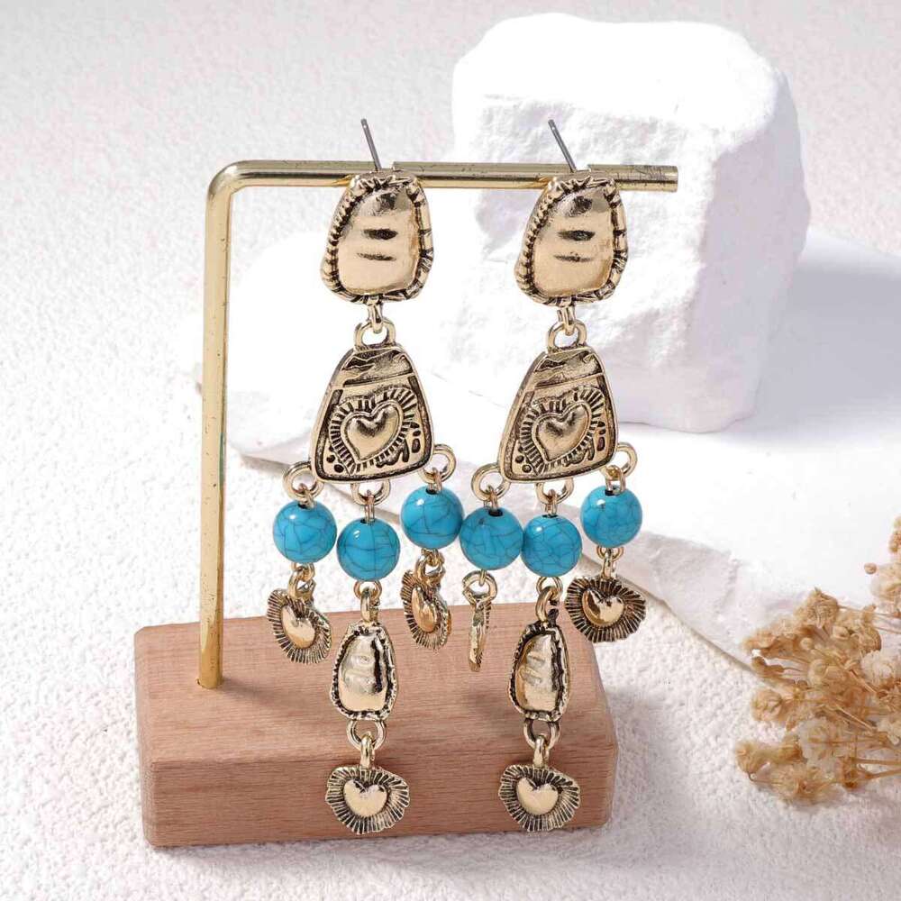 Vintage Western Style Antique 3D Relief Heart Fringe Earrings