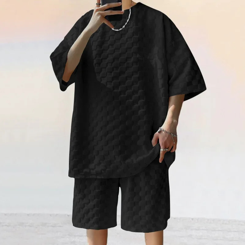 Mens sportswear summer Korean High Street jacquard plain Tshirt twopiece set mens casual retro loose Oneck top 250327
