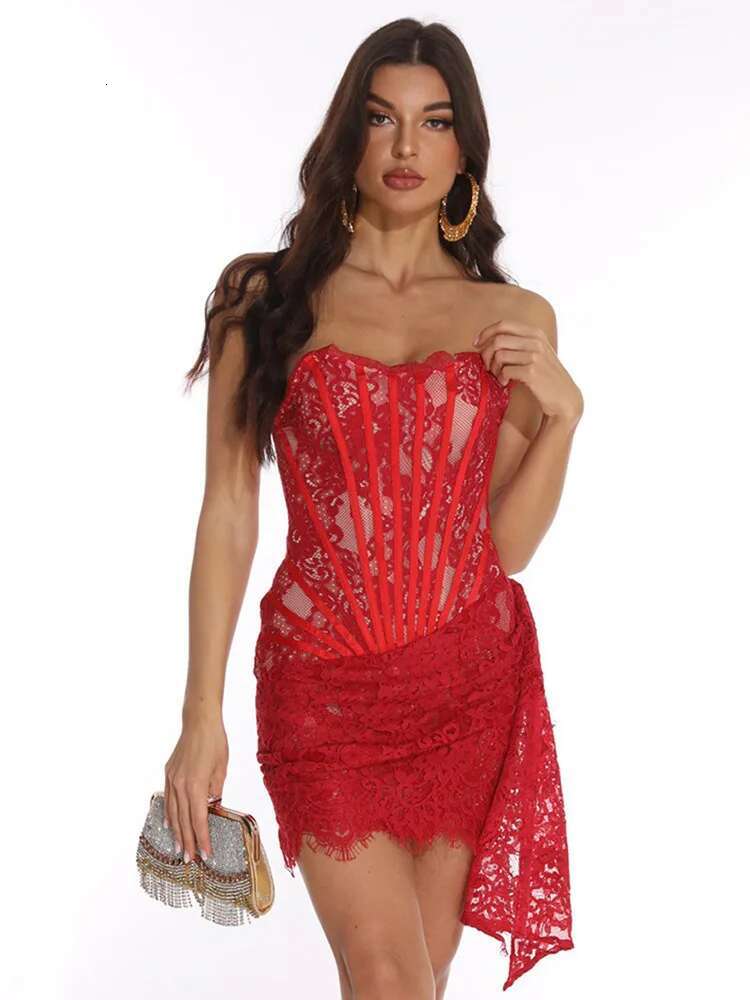 Dongdumaoyi High End Pure Mesh Jurk Hot Girl Wear Tube Top Cinched Taille Figuur Flatterende Kanten Skinny Schede