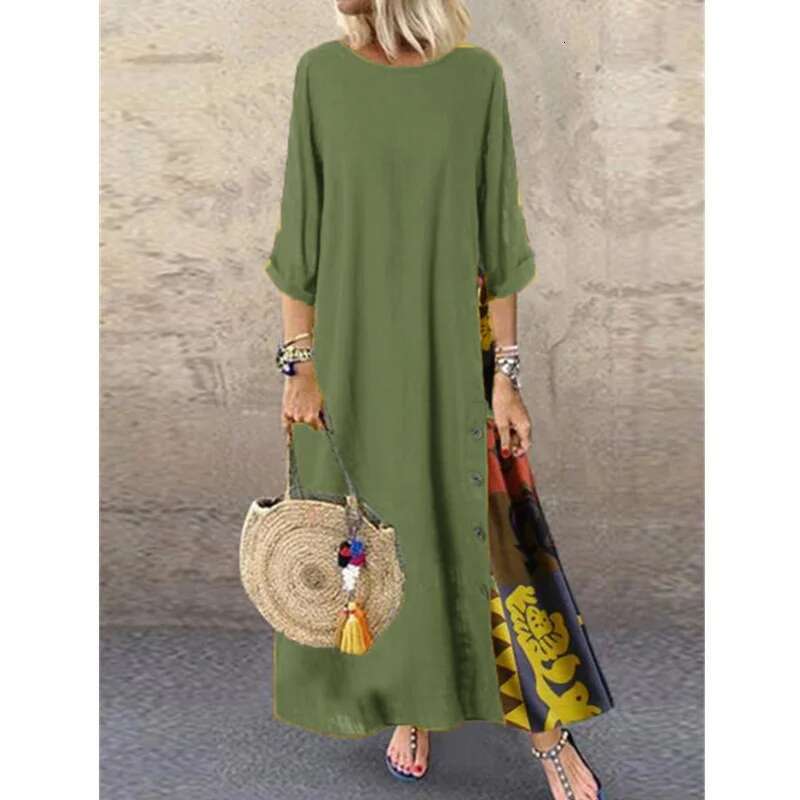 Dongdumaoyi Herfst Retro Bloemen Ronde Hals Kleurblok Knop Patchwork Mouw Damesmode Jurk A