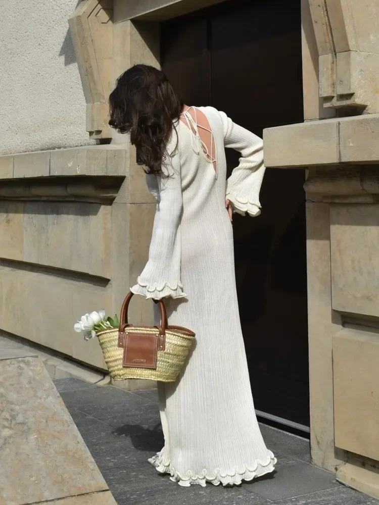 Womens elegant pleated hem knitted white long skirt O-neck sparkling long sleeved strapless dress evening dress 250322
