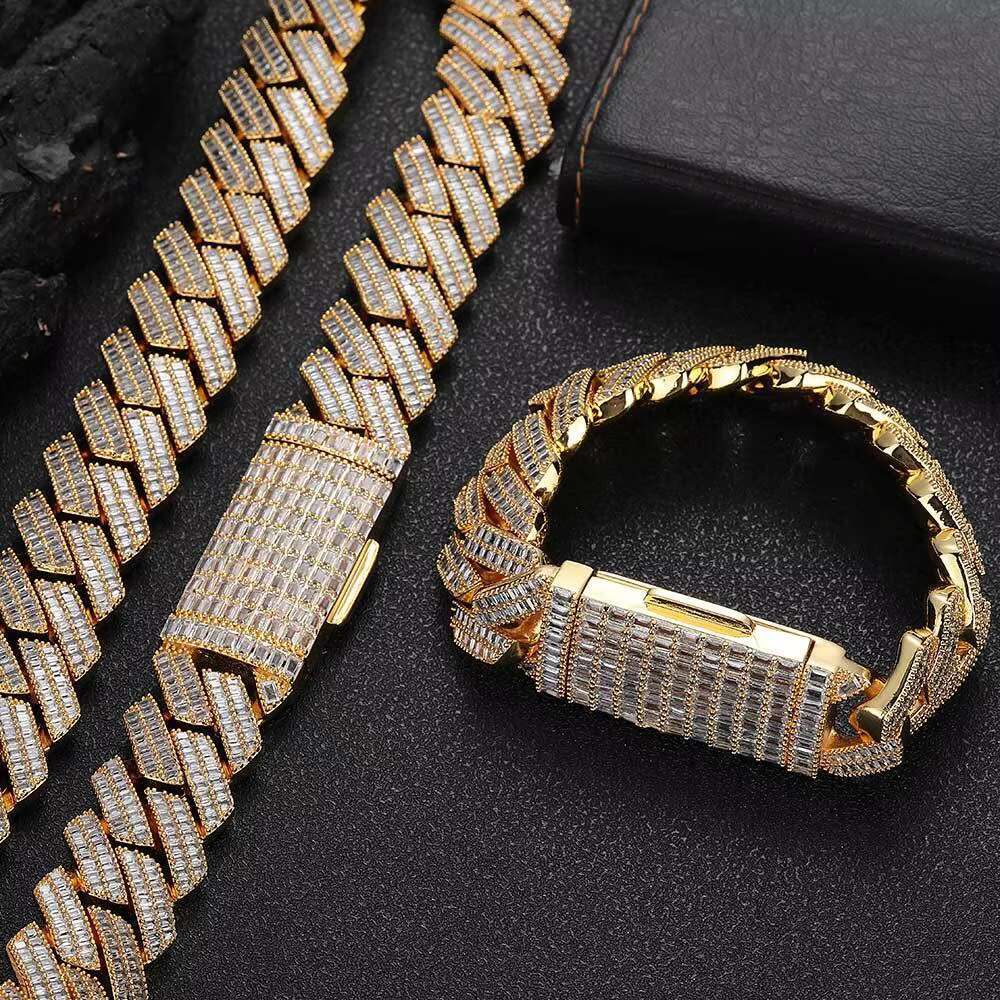 Hip Hop Jewelry Miami Cuban Chain Necklace Iced Out CZ Cubic Zirconia 20mm Baguette Miami Cuban Chain in 18K Gold