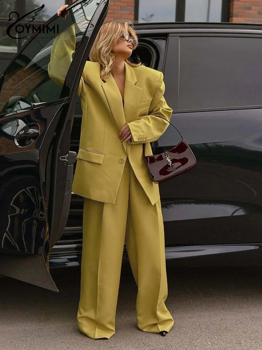 Oymimi Elegant Yellow Set Womens 2piece Fashion Long Sleeve Pocket Single Button Jacket and Simple Straight Trouser 250326