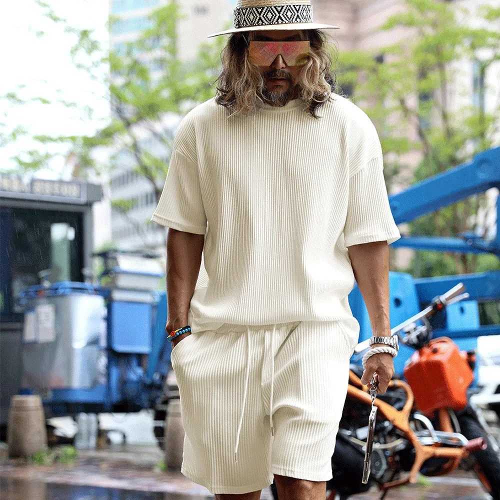 2024 Mens Summer Sports and Leisure Solid Color Stripe Set Loose Crew Neck Short Sleeve Drawstring Shorts Two Piece SetXJ250326