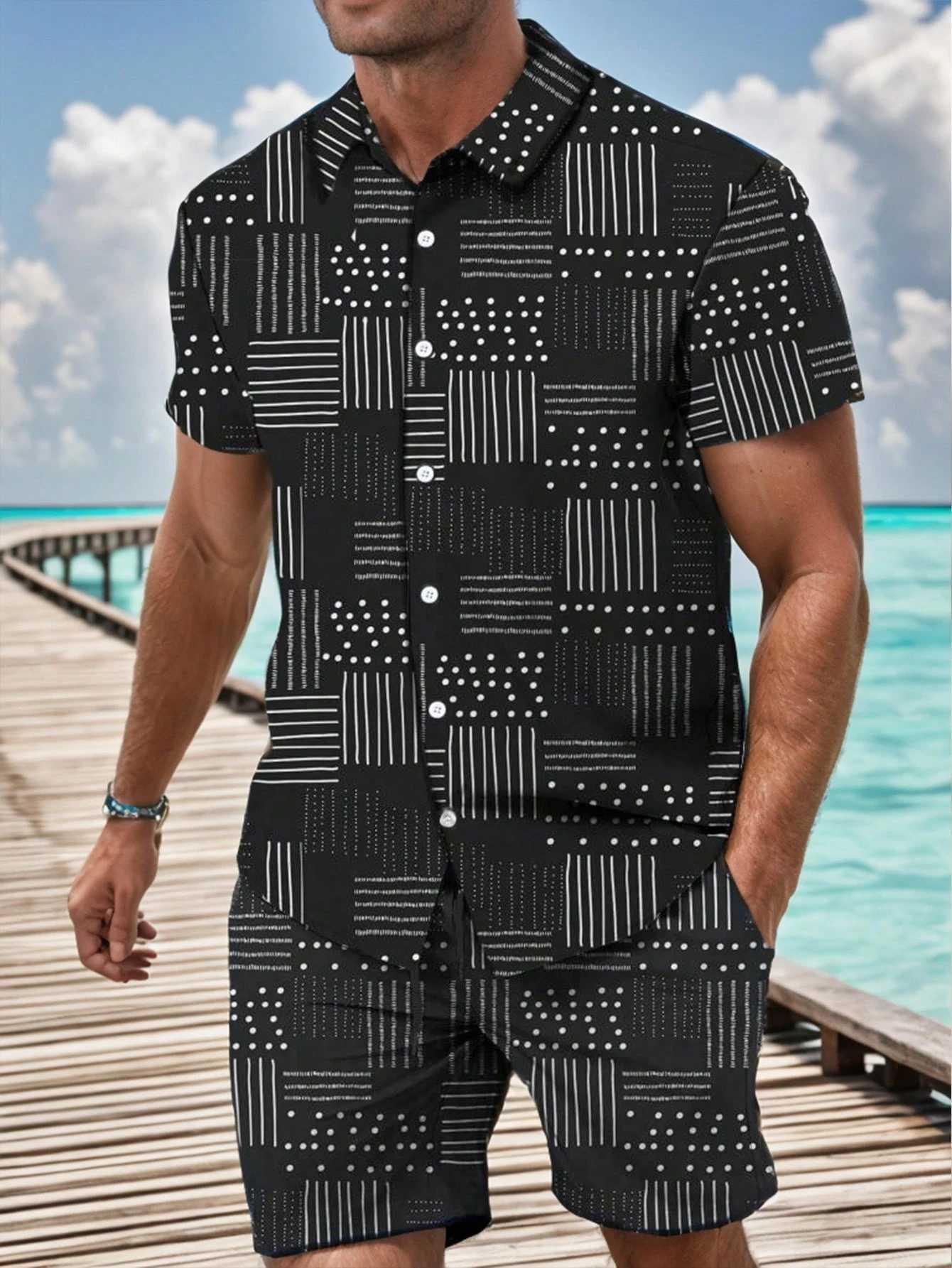 Mens floral short sleeved button striped shirt and short sleeved set casual beach short sleeved set summer setXJ250326