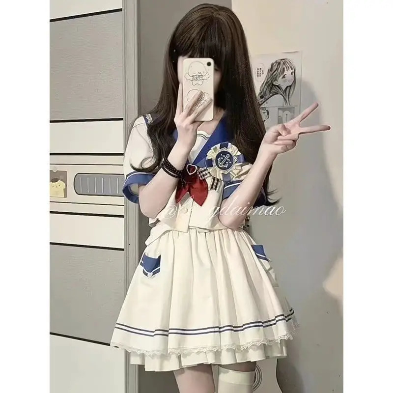 JK Uniform Plus Size S8xl Girl Sailor Shirt Patch Work Ruffle Leather Two Piece Set Womens Wholesale 250326