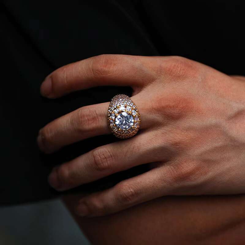 PVD Coating 18K Gold Plated Copper Alloy Gemstone Finger Ring Iced Out Ring Hip Hop Jewelry Cubic Zirconia Stone Men Rings