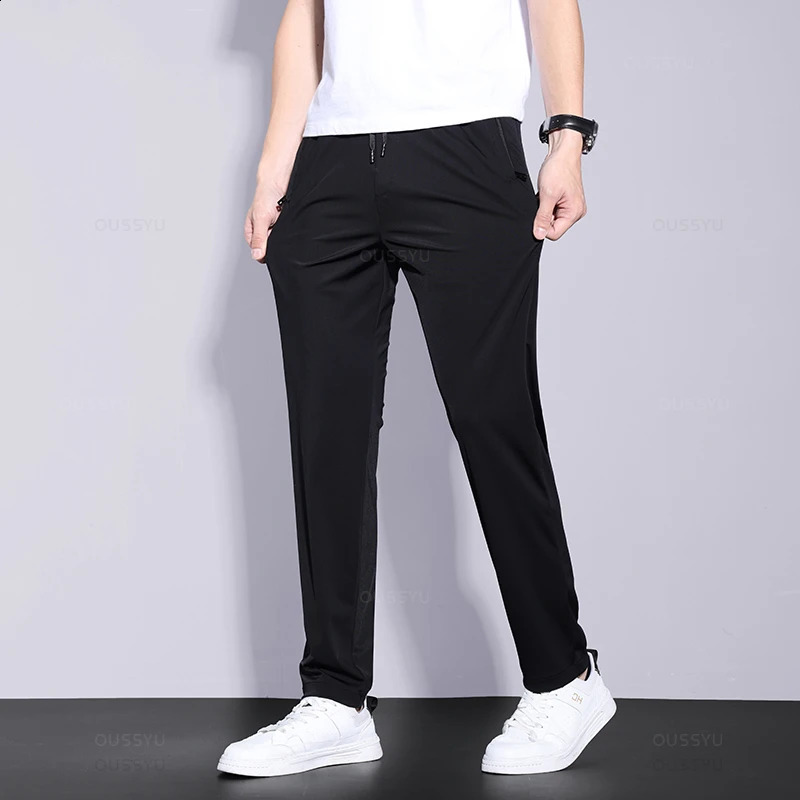 2024 Summer Mens Casual Pants Thin Soft Sports Zip Pocket Korea Grey Black Elasticity Lace-up Waist Jogging Work Trousers Male 250317