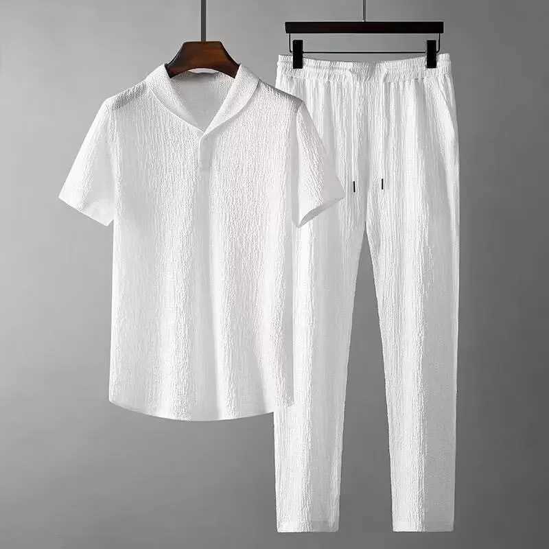 Mens pleated ice silk T-shirt short sleeved sportswear pants a lightweight summer outfitXJ250326