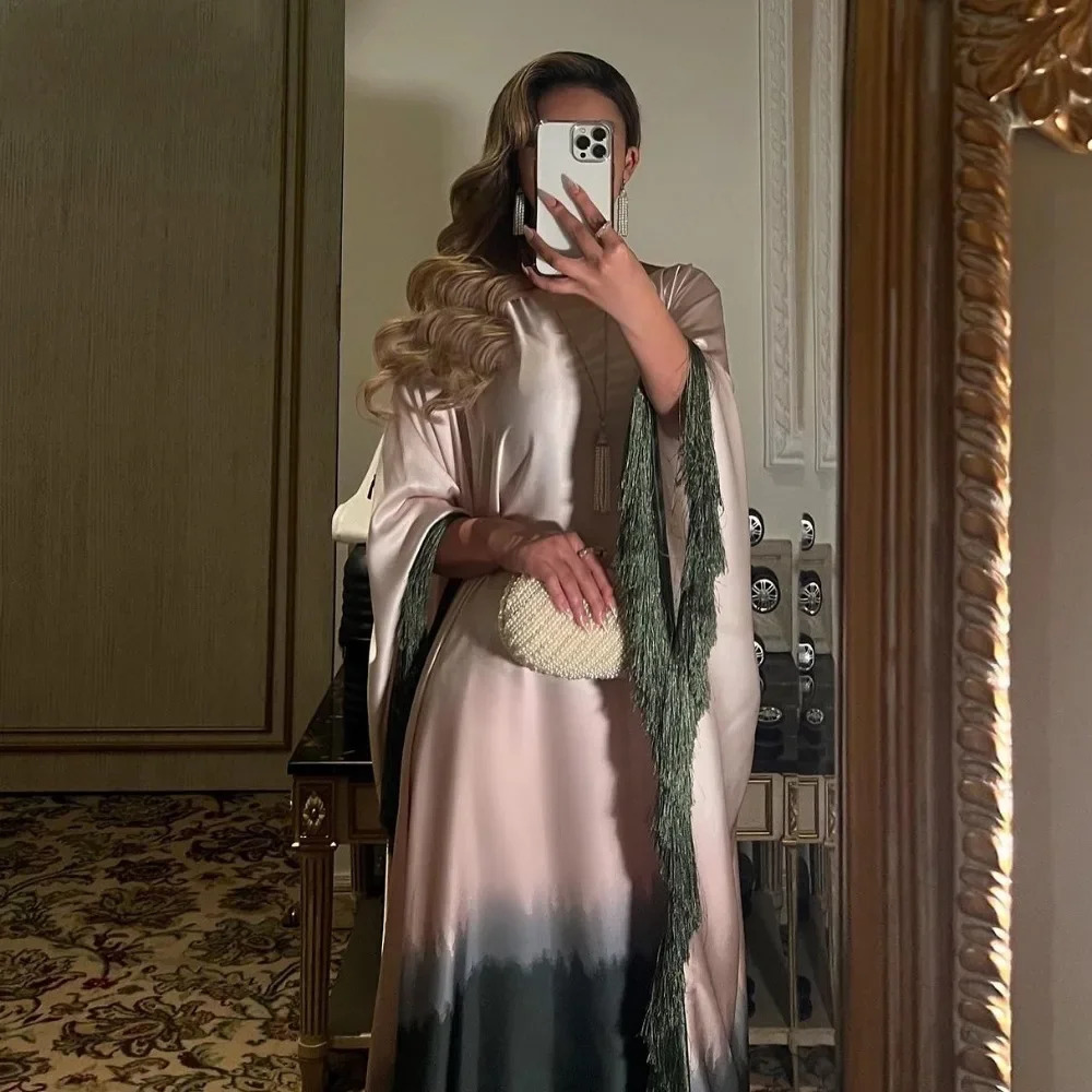 Muslim Batwing Sleeve Gradient Tassel Abayas Dubai Deluxe Print Maxi Dress Ramadan Islamic Women Party Evening 250326