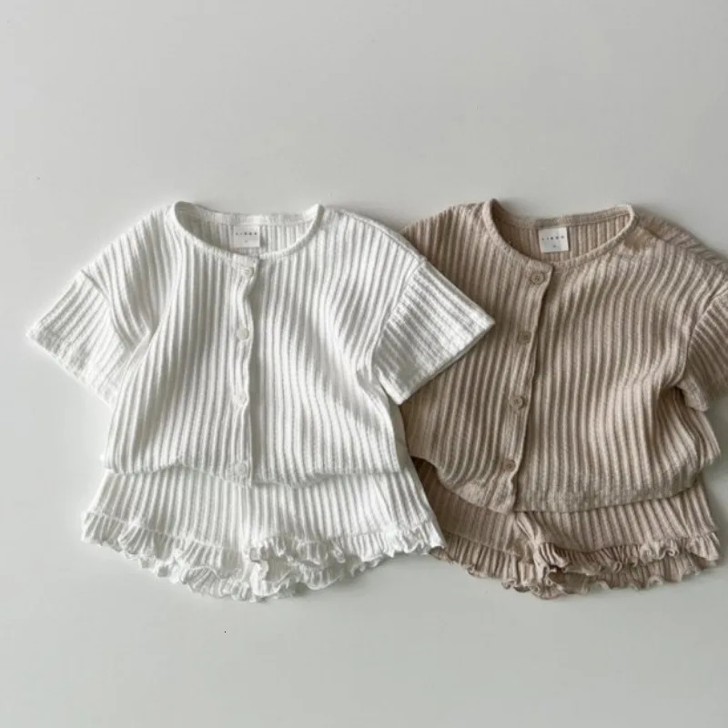 INS Korean Style Summer Thin Solid Color Girls Short Sleeve Ruffle Shirt Shorts Set for Toddler Baby Casual Two-Piece Outfits 250326