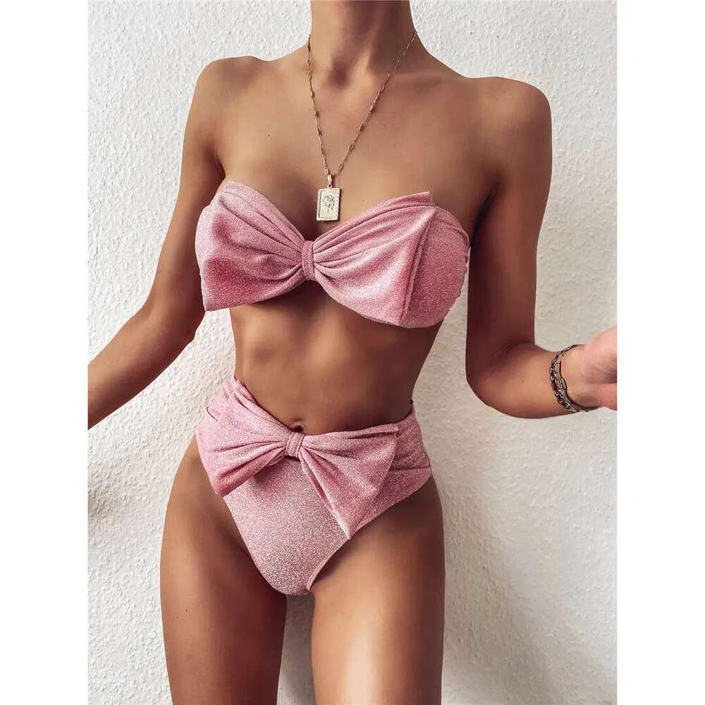 Bandeau 2025 Bow High Waist Female Swimsuit Women Swimwear Two-piece Bikini set Strapless Bather Bathing Suit Swim Lady