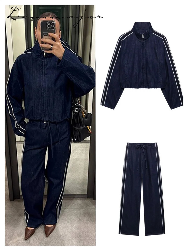 Street denim striped pants set womens long sleeved stand up collar pocket zipper jacket straight lace casual jeans 250326