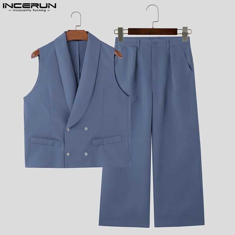 Mens Solid Color Collar SLeeveless Double Chest Tank Top and Pants 2PCS Streetwear 2024 Fashion Mens Casual Set S-5XLXJ250326