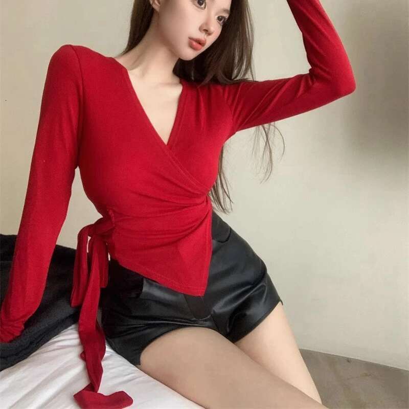 Ddmyshoesvip Women V Neck Long Sleeved T Shirew Korean Fashion Lacing Waist Sexy Spicy Girls Slim Fit Short Top Early Spring