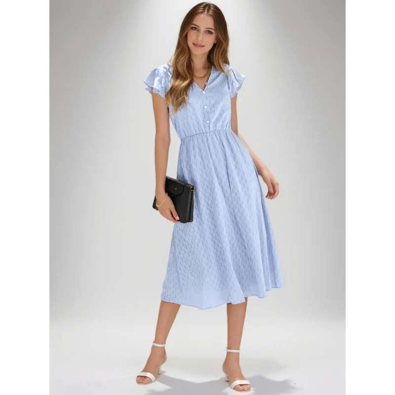 Dongdumaoyi Lente Zomer Nieuwe Collectie Casual Effen Kleur V Hals Tailleafgevende Jurk Frisse En Stijlvolle Damesmodejurk