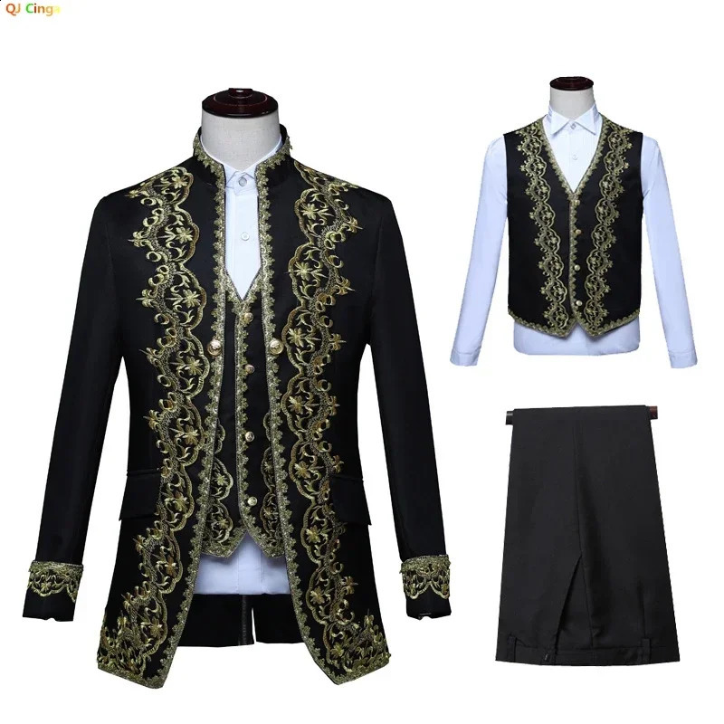 European gold retro tailcoat mens standing collar y set three piece opera stage costume 250326