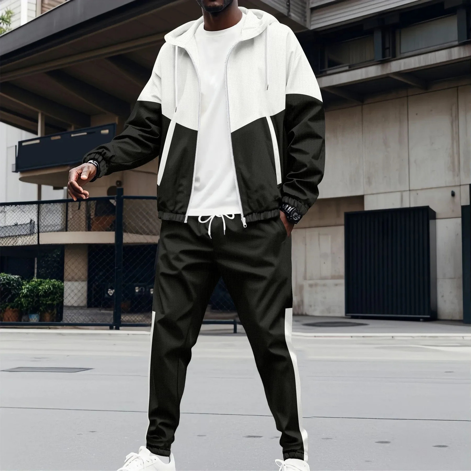Spring and Autumn Mens Hooded Waffle Color Matching Jacket Double Pocket Long Sleeve Casual Sports Pants Set 250327