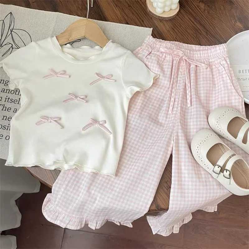 Childrens clothing set bow short sleeved top+flat leg wide leg pants set girl bow T-shirt childrens princess clothingT250327