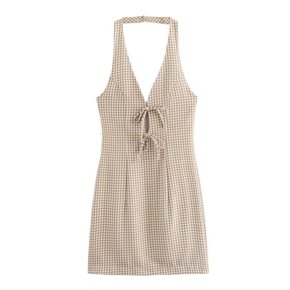 Women's Print TRAF Hanging Grid Neck Slim Dress New Sexy Bow Trimmed Backless Mini Holiday Style Party Short Dresses