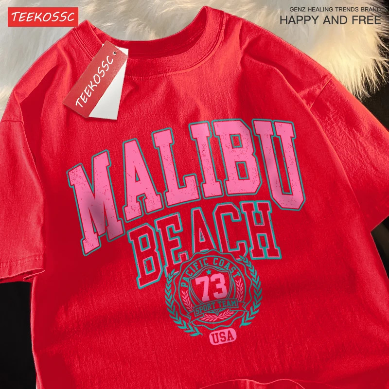 Malibu Beach Simple Letter Printing Mens Fashion Tshirt Cotton Loose Casual Oneck Clothing Oversized Top 250327