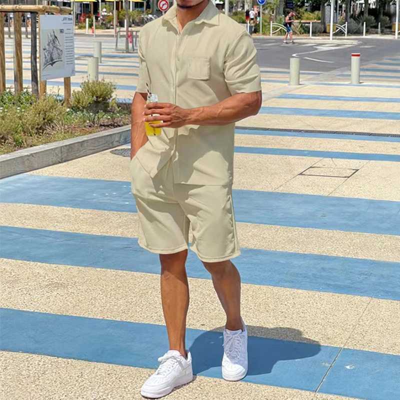 Casual loose mens two-piece set 2025 summer casual solid color shirt and shorts mens clothing fashion short sleeved setXJ250326