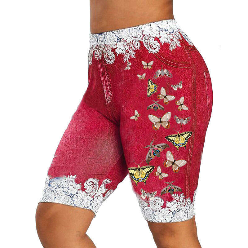 Women Yoga Pants Printed Lace Imitation Denim Butterfly Pattern High Waisted Yoga Shorts And Fitness Pants With Hip Lifting